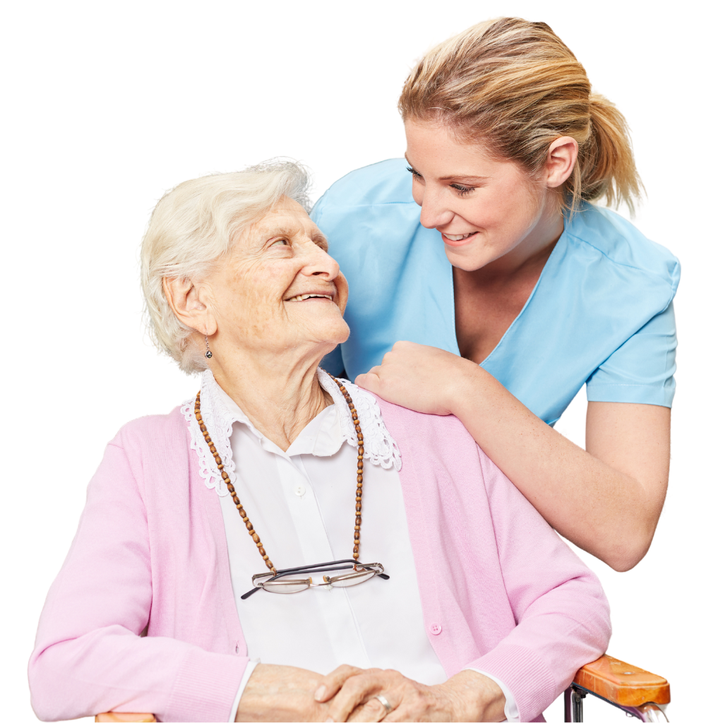 Caregiver smiling while assisting an elderly woman at home, representing trusted home health care services in Marion County, IN
